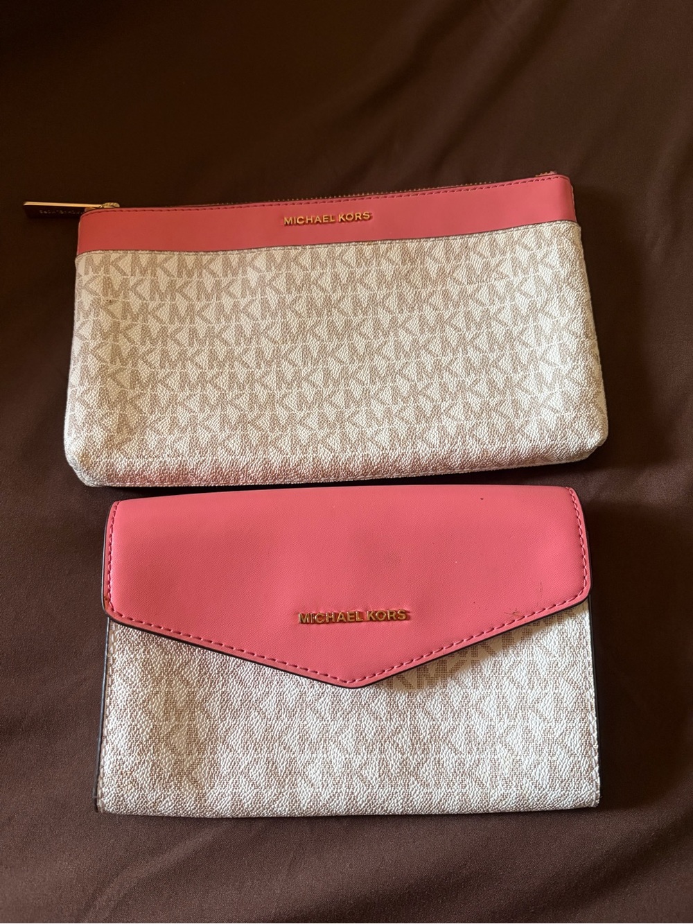 Michael Kors Pink Trim Signature MK Wallet & Wristlet Set.
